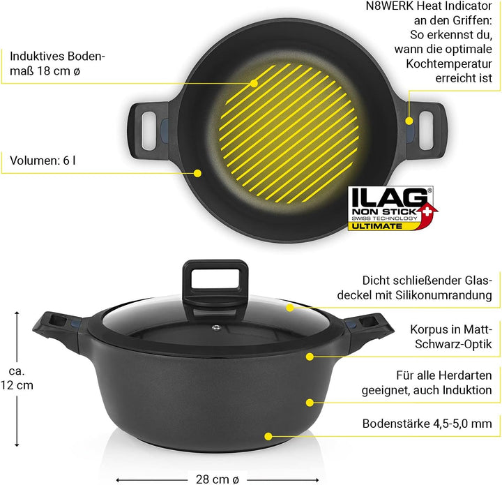 N8WERK Aluguss-Kochtopf mit Hitze Indikator ⌀28 cm, 6,0 Liter | Farbwechsel-Temperaturanzeige, Decke