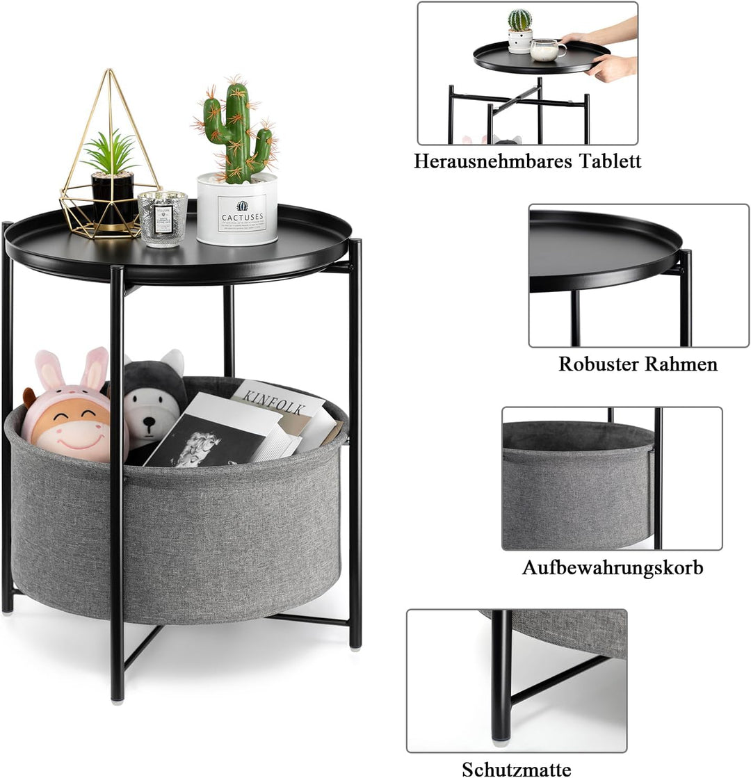 danpinera Beistelltisch, Schwarzer Beistelltisch Rund, Kleiner Tisch mit Stauraum, Couchtisch Klein