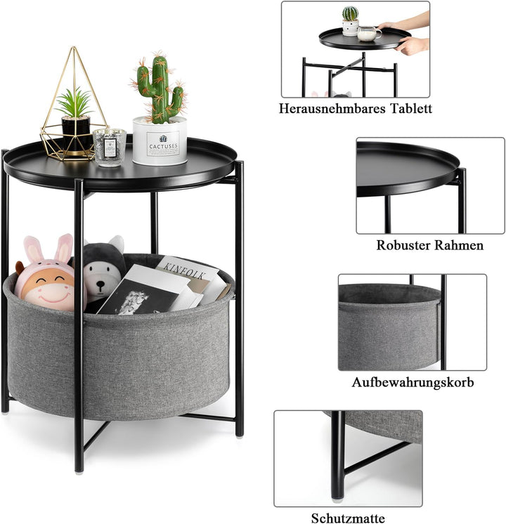 danpinera Beistelltisch, Schwarzer Beistelltisch Rund, Kleiner Tisch mit Stauraum, Couchtisch Klein