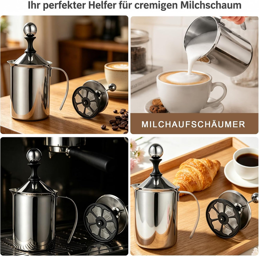 LATRAT 800 ml Manueller Milchaufschäumer, Manueller Milchaufschäumer Edelstahl Handaufschäumender Kr