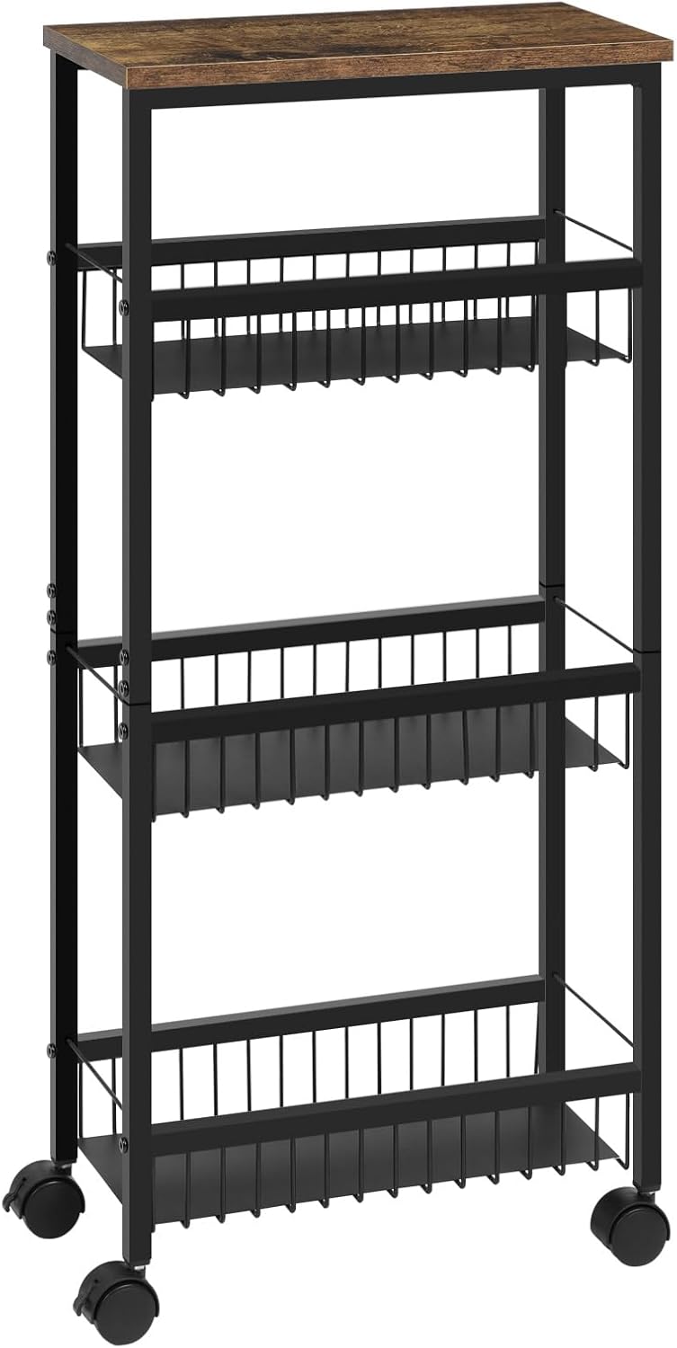 WOLTU Servierwagen, Küchenwagen mit Arbeitsplatte, 3 Metallkörben, Rollwagen mit Bremsen, Nischenreg