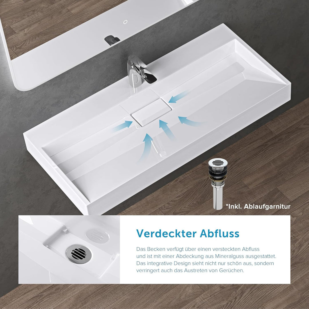 doporro Mineralguss Colossum19 Waschbecken 100x46x11 cm mit Armaturenloch Gussmarmor Waschtisch inkl