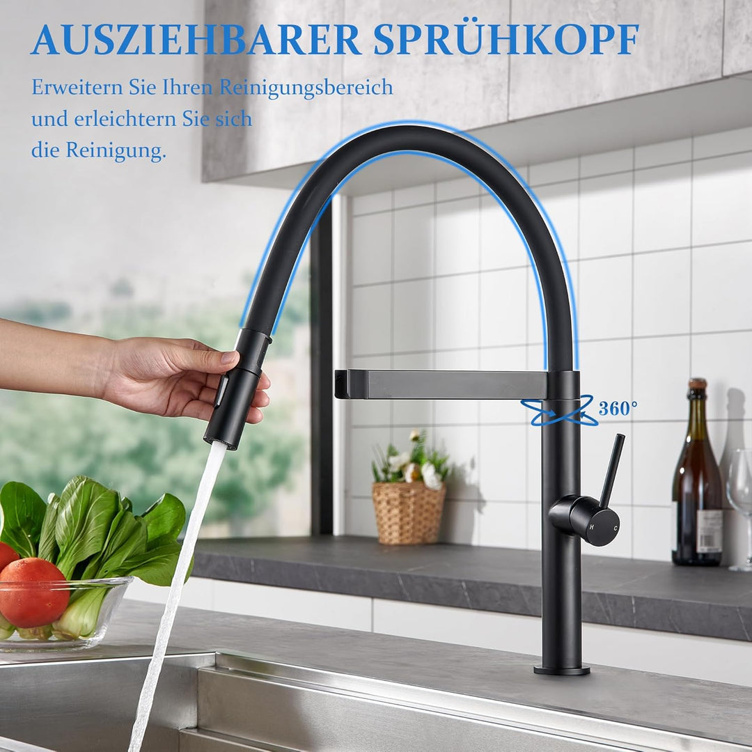 Tohlar Niederdruck Armatur Küche Schwarz, Niederdruck Wasserhahn Küche mit Ausziehbare Brause 360° S