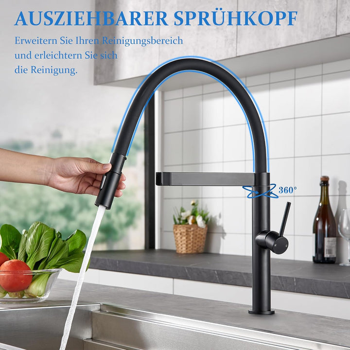 Tohlar Niederdruck Armatur Küche Schwarz, Niederdruck Wasserhahn Küche mit Ausziehbare Brause 360° S