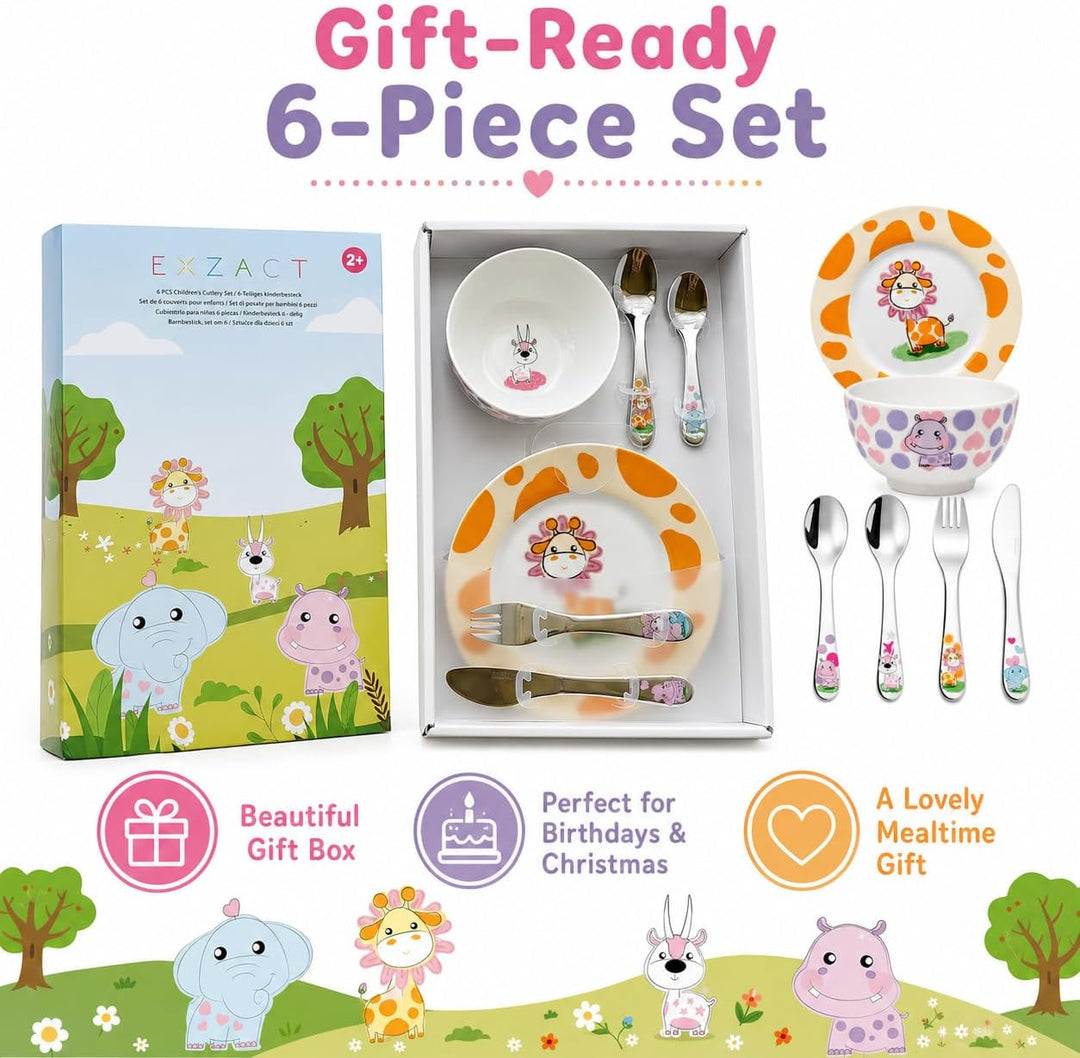 Exzact Besteck Geschenkset 6 Stücken aus Edelstahl/Kindergeschirr - 1 x Schale, 1 x Teller, 1 x Tafe