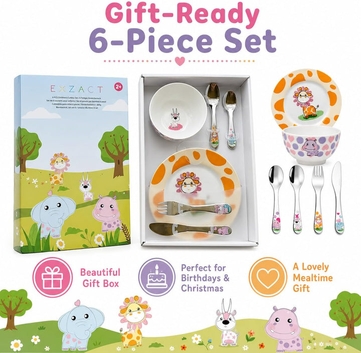 Exzact Besteck Geschenkset 6 Stücken aus Edelstahl/Kindergeschirr - 1 x Schale, 1 x Teller, 1 x Tafe