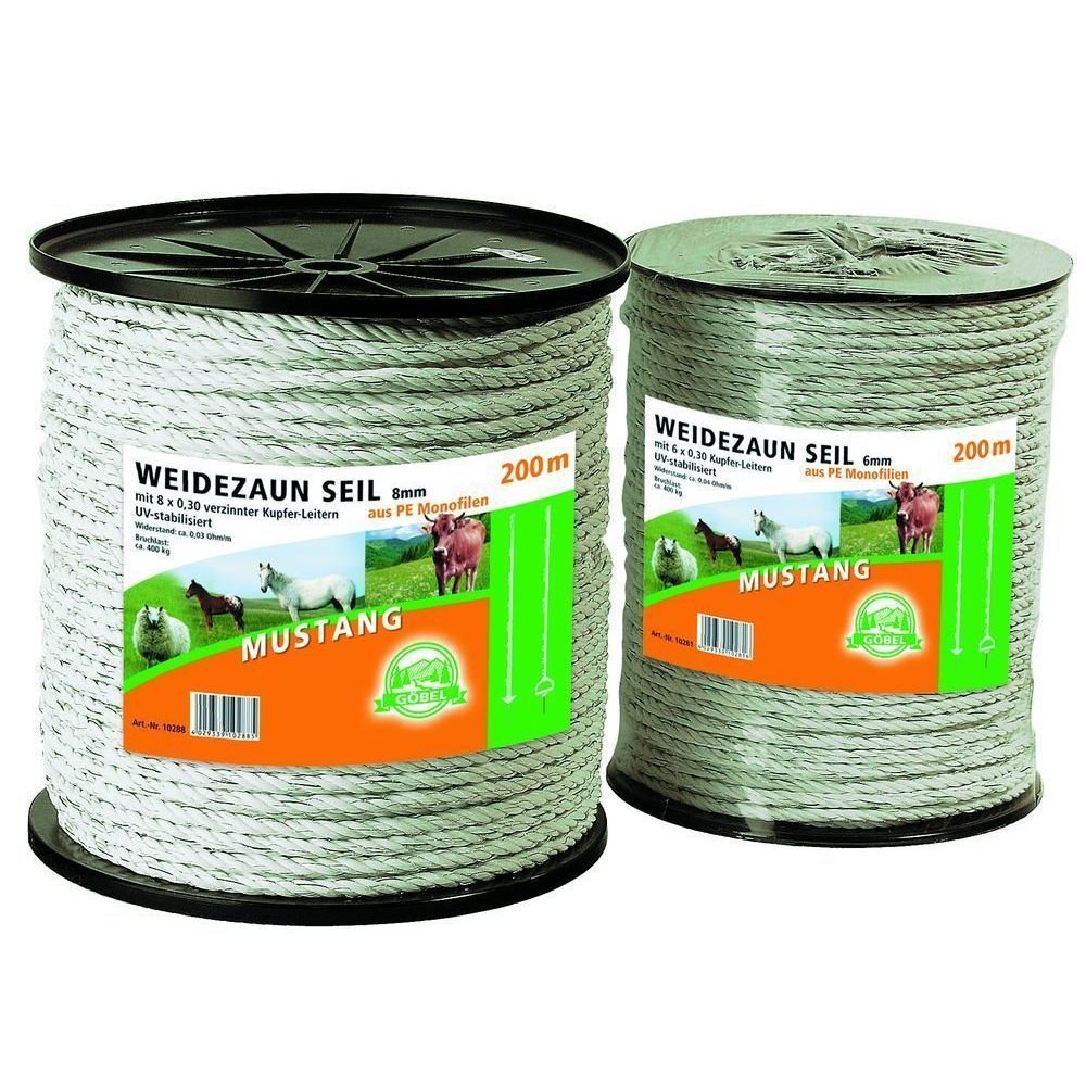 Göbel Weidezaun Elektroseil Mustang 200m 8mm 8 x 0,30 verzinkter Kupferleiter 0,03 Ohm/m