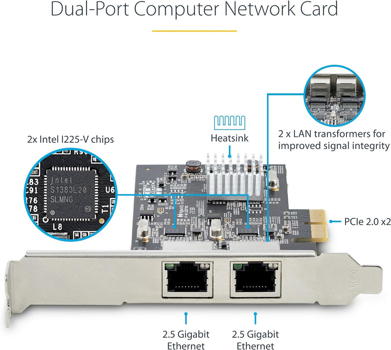 StarTech.com 2-Port 2.5 Gbit PCIe Netzwerkkarte, Intel I225-V, Dual-Port Computer LAN Karte, Multi-G