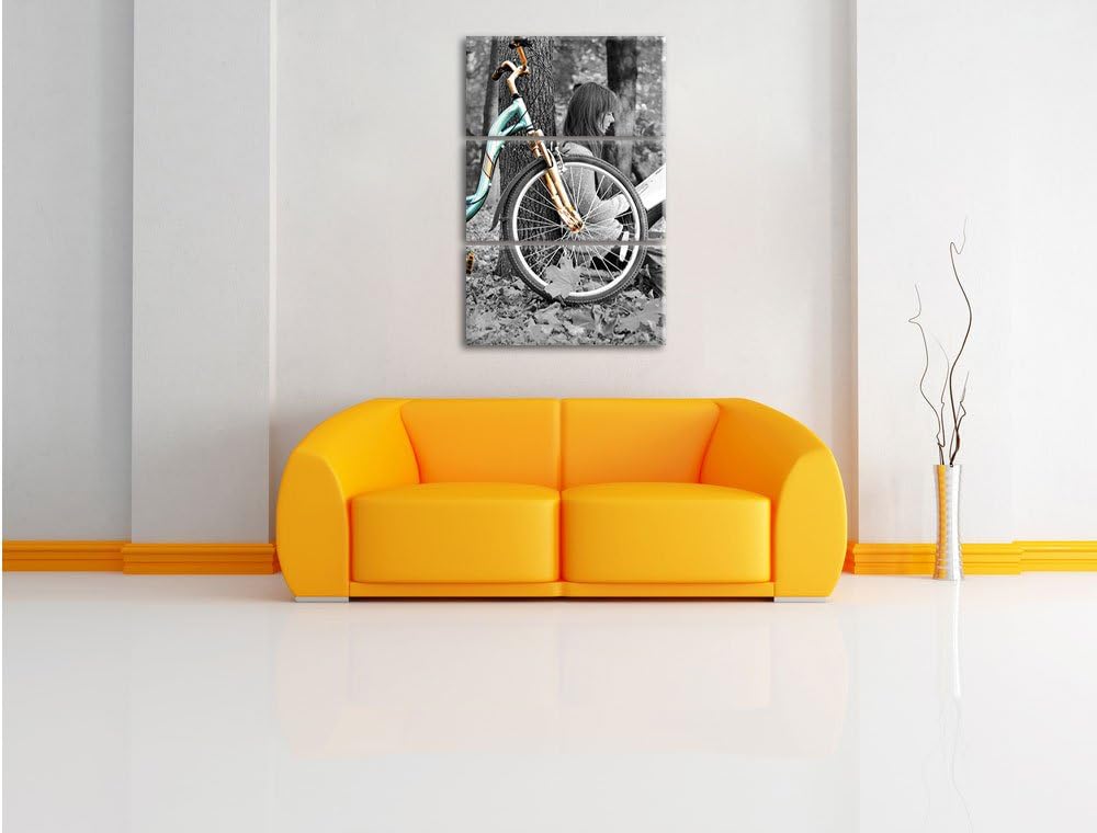 Pixxprint Junges Mädchen mit Fahrrad als Leinwandbild/Grösse: 3 Teilig (120x80) cm/Wandbild/Kunstdru