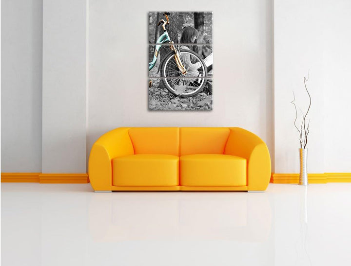 Pixxprint Junges Mädchen mit Fahrrad als Leinwandbild/Grösse: 3 Teilig (120x80) cm/Wandbild/Kunstdru