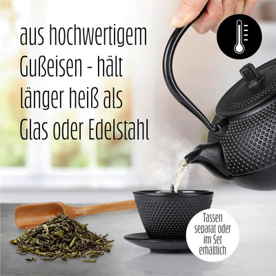Lumaland Tee Kanne im Asia Hobnail Design | 1 x gusseiserne Teekanne (1,4 Liter) 1x Bambus Dosierlöf