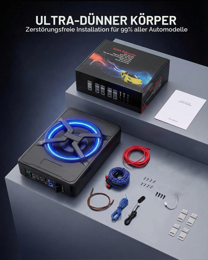 Aktiver Subwoofer für Auto, Passt unter Sitze, Maximale Leistung 1200 W, 10 Zoll, mit Umgebungsbeleu