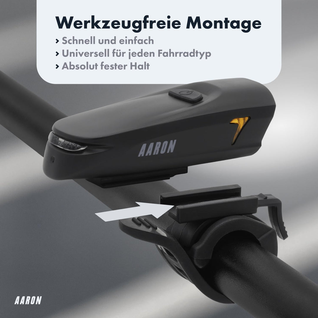 AARON 100 LUX Fahrradlichter Set (9h Leuchtdauer), StVZO zugelassen, 2000 mAh Akku Fahrrad Licht Set
