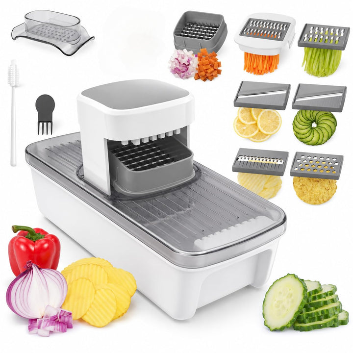 7-in-1 Gemüseschneider und Mandoline Gemüsehobel - Vertikaler Würfelschneider mit Behälter, Julienne