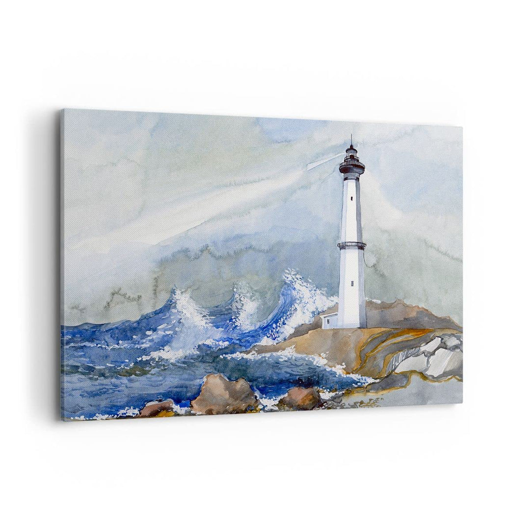 Bilder auf Leinwand 100x70cm Leinwandbild Leuchtturm Wasser Illustration Welle Gross Wanddeko Bild S