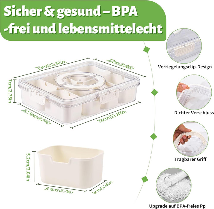 Snackbox mit 8 Fächern & Deckel - Tragbare Snackschale mit Griff, Luftdicht & Spülmaschinenfest, Sna