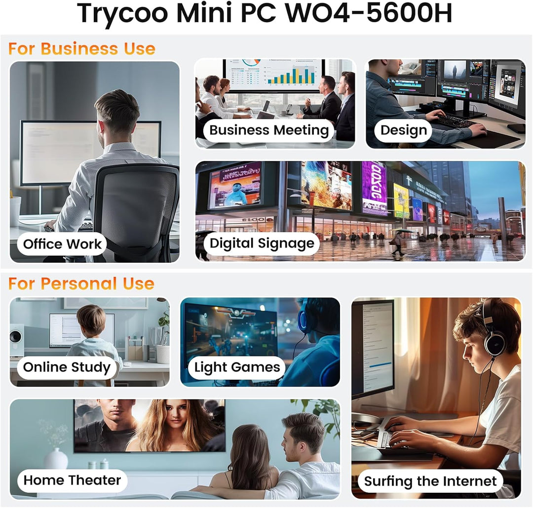 Trycoo Mini PC AMD Ryzen 5 5600H (6C/12T, up to 4.2GHz),16GB DDR4 RAM,512GB SSD,WiFi 6/ BT5.2/ Type-