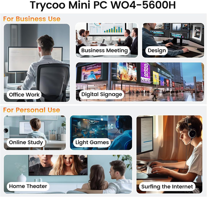 Trycoo Mini PC AMD Ryzen 5 5600H (6C/12T, up to 4.2GHz),16GB DDR4 RAM,512GB SSD,WiFi 6/ BT5.2/ Type-