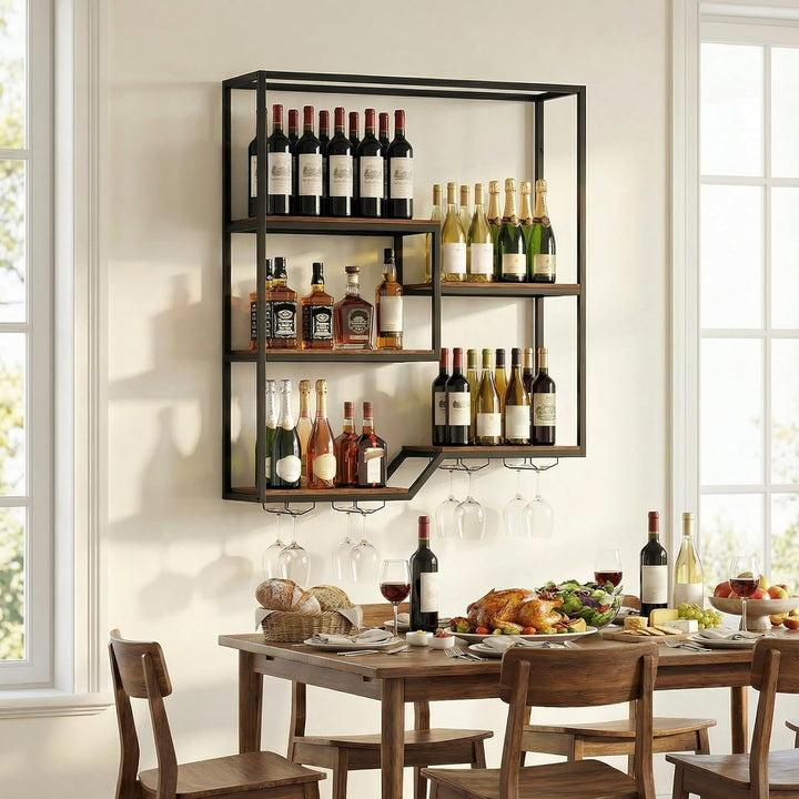 COSTWAY Weinregal Wand, Bar Regal mit 6 Regalböden & 4 Glashalter, Flashenregal Metall, Weinflaschen