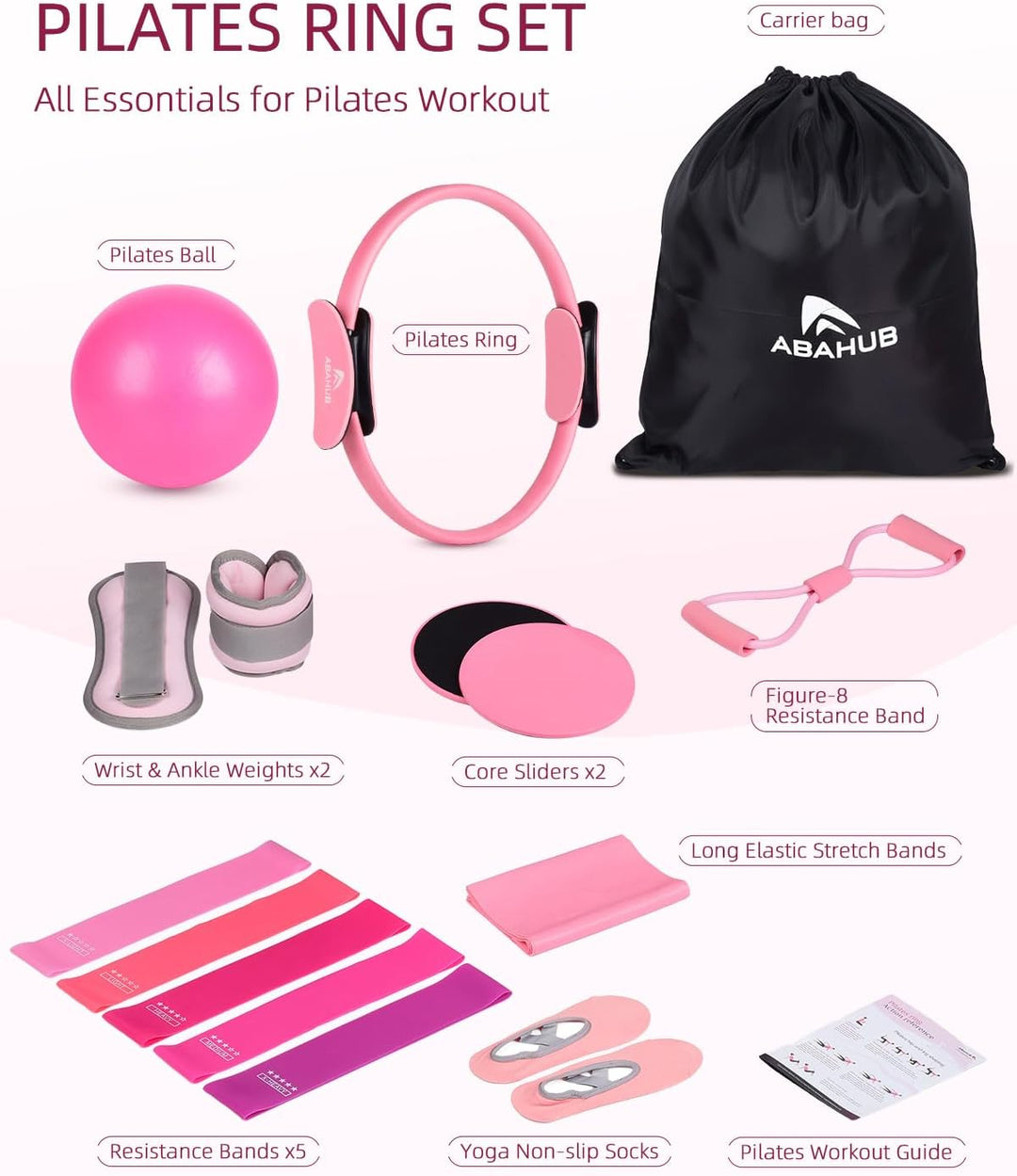 Abahub Pilates Ring Set, 35CM Magic Circle, 25CM Mini Ball,5er Set Fitnessbänder,Stretchbänder,Yoga