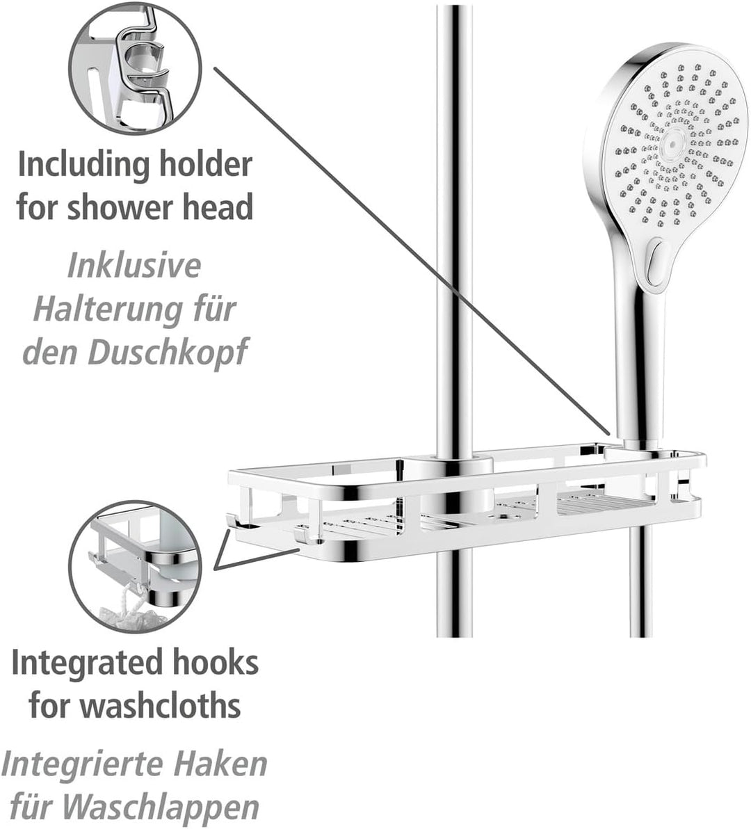 WENKO Duschablage Libertà Chrom, Duschregal mit Haken und Duschkopfhalter aus Kunststoff, Anbringung