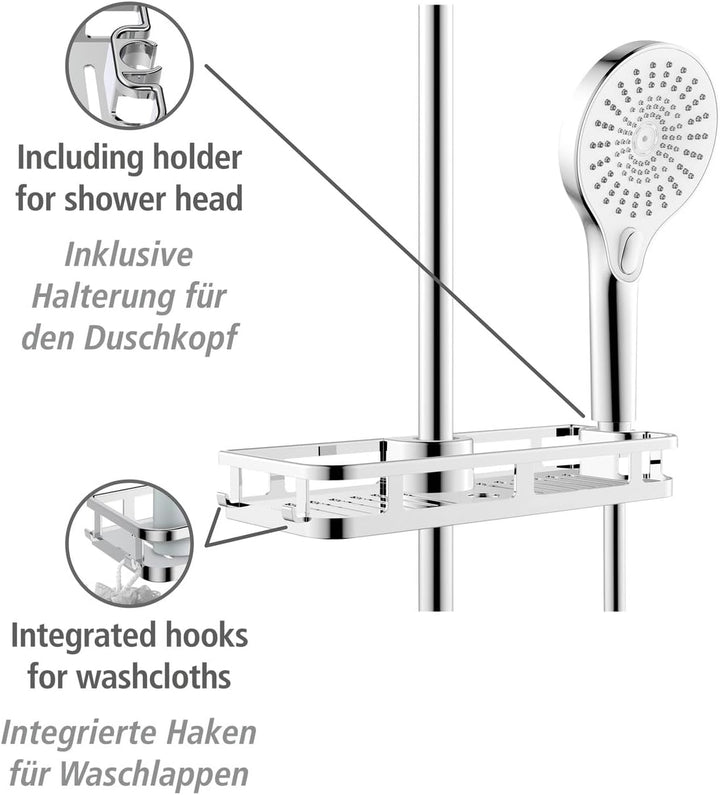 WENKO Duschablage Libertà Chrom, Duschregal mit Haken und Duschkopfhalter aus Kunststoff, Anbringung