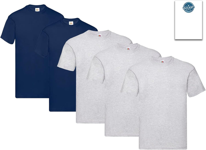 Fruit of the Loom Herren Original T. T-Shirt (5er Pack) M 3grau 2navy + 1 Hl Kauf Notizblock, M 3gra