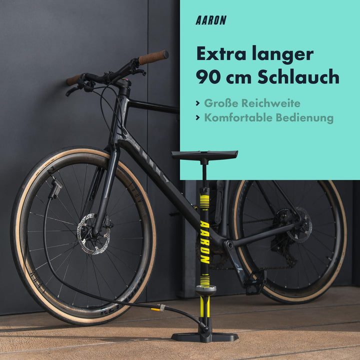 AARON Sport One Fahrrad Standpumpe mit Manometer für alle Ventile | Hochdruck Fahrradpumpe inkl. Bal