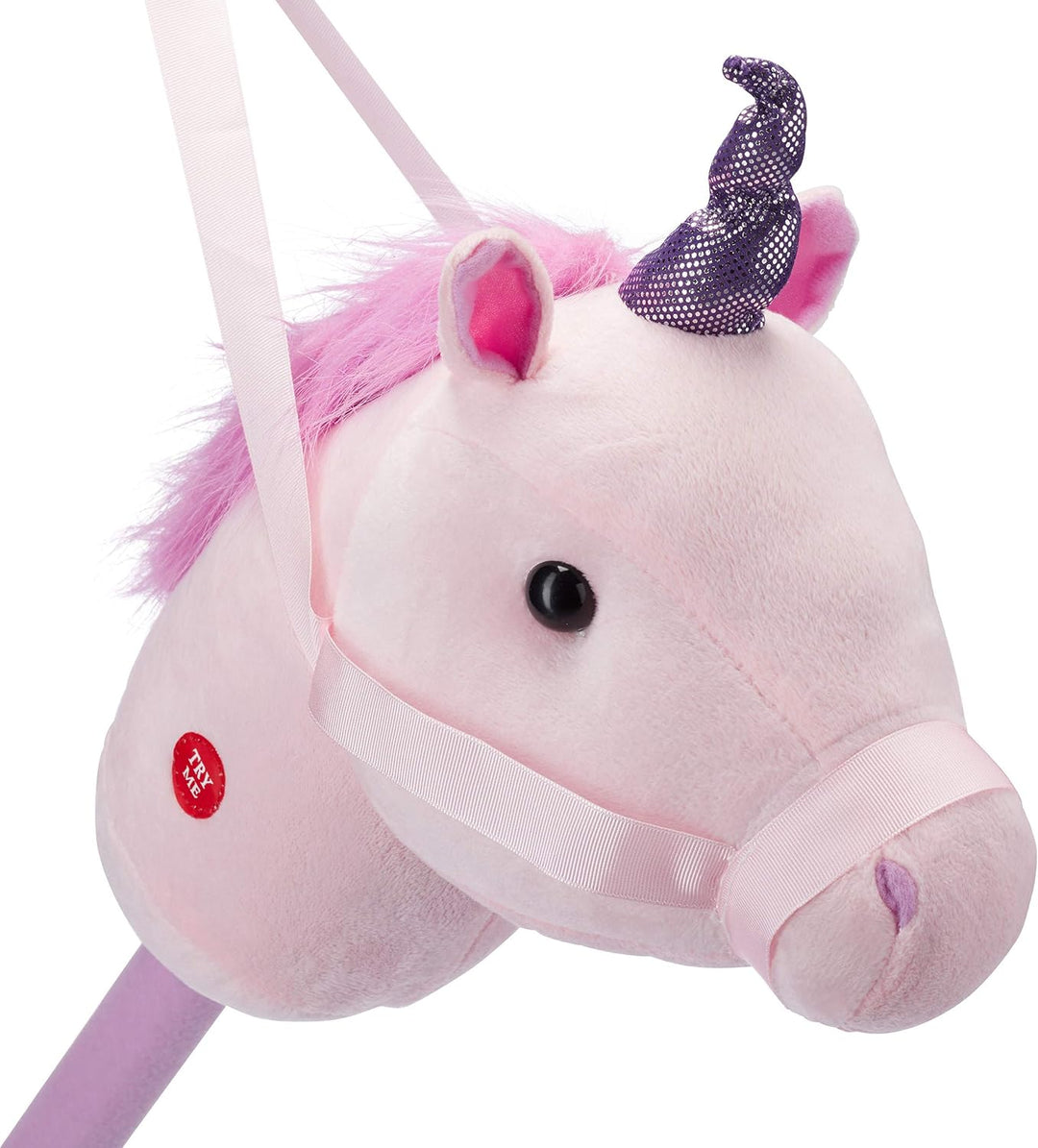 Relaxdays 10023852 Steckenpferd Einhorn, mit Sound, aus Holz & Plüsch, niedliches Stockpferd, Wieher