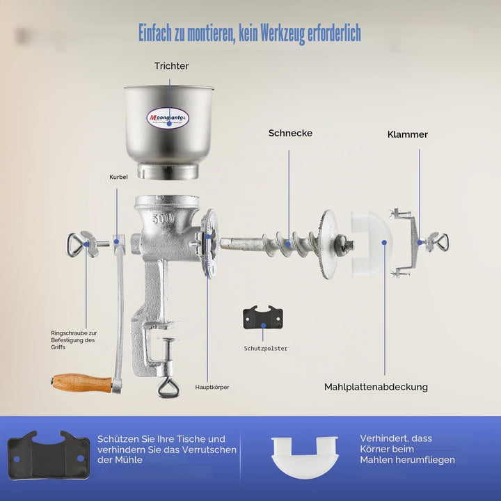 Moongiantgo Getreidemühle Manuelle mit 13cm Zoll grosser Trichter & 4cm Tischklemme, Fräsgrobheit Ei