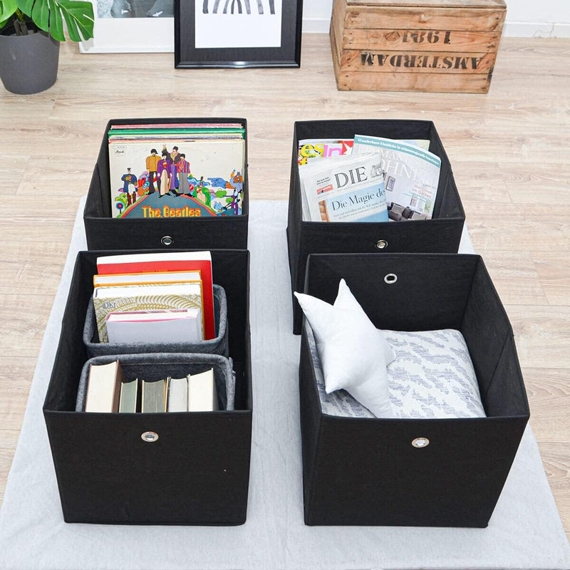 DuneDesign 4er Set Aufbewahrungsbox für Kallax Regal - 33x38x33 Stoff Box mit Öse - Faltbox Schwarz