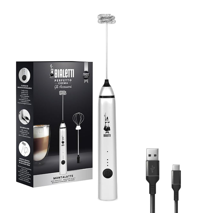 Bialetti Whipper, 3-stufig verstellbar, Doppelquirls, USB-Aufladung, Edelstahl