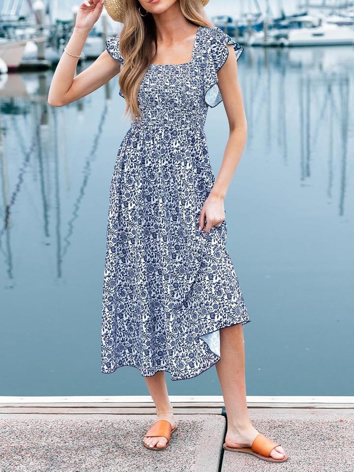 CUPSHE Damen Sommerkleid Quadratischer Ausschnitt Volantärmel Nadelstreifen A Linie Gesmoktes Maxikl
