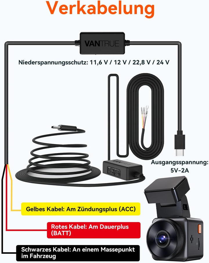 VANTRUE USB-C Hardwire Kit mit 2 Stufen und Acc Kabel für N Serie/E Serie/S1PRO/X4S, 12V/24V zu 5V,