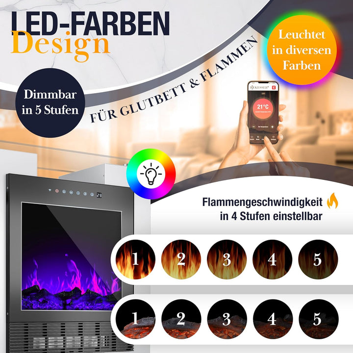 KESSER® LED Kamin mit Heizung elektrisch | Heizlüfter Elektrokamin mit Thermostat, Standkamin mit re