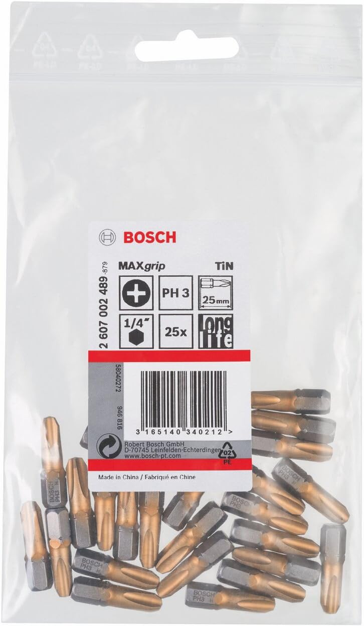Bosch Professional Bit Max Grip für Phillips-Kreuzschlitzschrauben (PH3, Länge: 25 mm, 25 Stück) 25