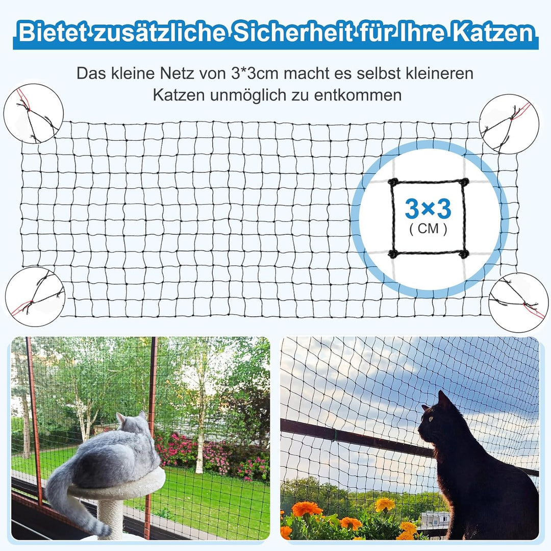 Aystkniet katzennetz für Balkon, 6 x 3 m Katzennetz Drahtverstärkt Schwarz mit 20M Befestigungsseil
