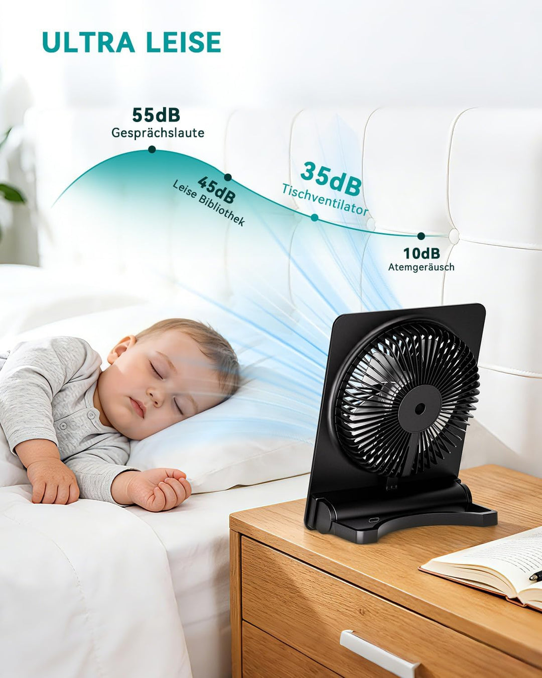 Klein Tischventilator,Leise Ventilator Akku 4000mAh 100 Geschwindigkeiten 180°Einstellbar Tragbarer
