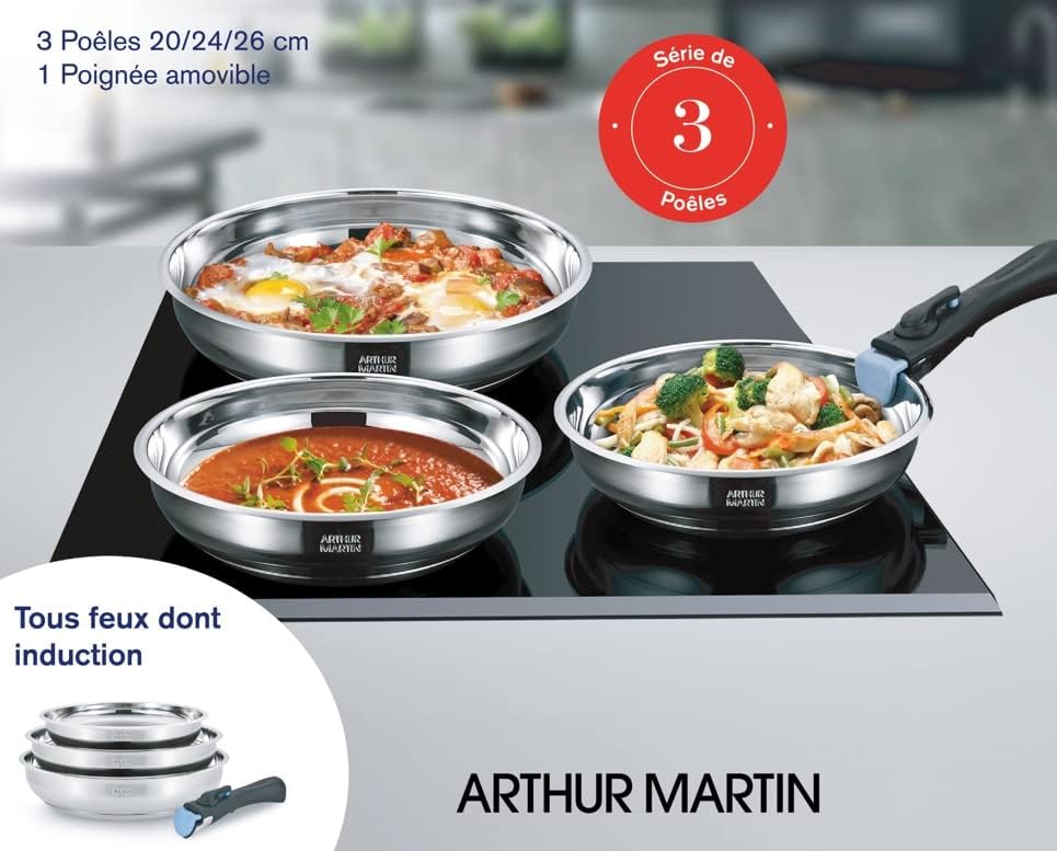 Arthur Martin AM2208 Pfannen-Set, Edelstahl, abnehmbarer Griff, für alle Herdarten geeignet, auch In