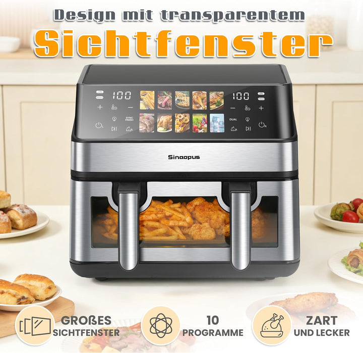 2000W Heissluftfritteuse mit 2 Kammern, 8.5 L Airfryer, 10 Programme, Touch-Bedienung, Air Fryer mit