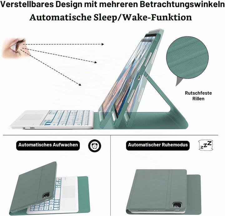 Hülle mit Tastatur für iPad Pro 12.9 (6/5/4/3 Gen), 7 Farben Beleuchtung, Multi Touch Trackpad, Deut