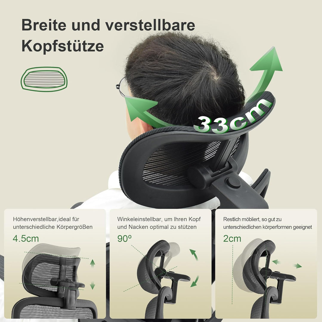 CALIYO G-1635H Bürostuhl Ergonomisch, Schreibtischstuhl mit Verstellbarer Kopfstütze, Armlehnen, Len