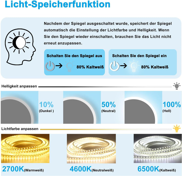 LED Badspiegel 80x60cm Halbrund Badspiegel mit Beleuchtung Anti-Beschlag Wand/Touchschalter 3 Lichfa