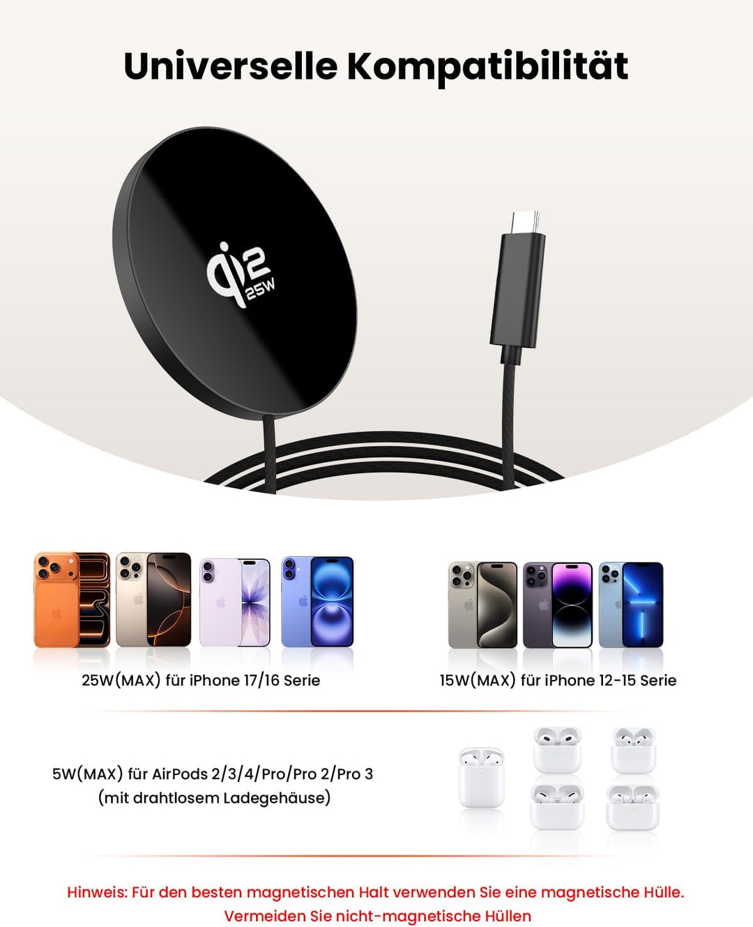 GEEKERA 25W magnetisches Schnellladegerät: Ultradünnes Flaches Wireless Charger für Apple MagSafe iP