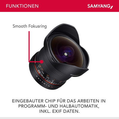 Samyang 12/2,8 Objektiv Fisheye DSLR Nikon F AE manueller Fokus automatischer Blendenring Fotoobjekt