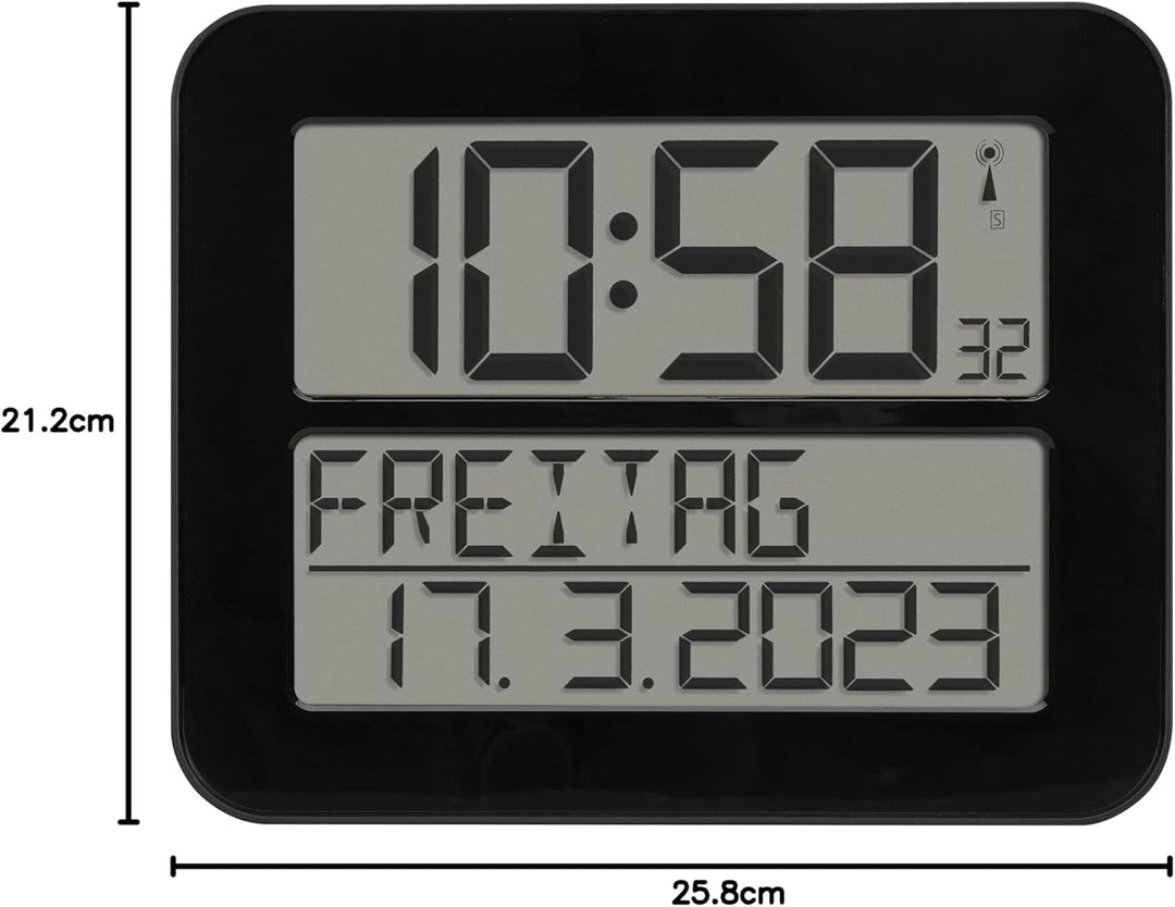 TFA Dostmann TimeLine Max Digitale Funkuhr, Kunststoff, Schwarz, L 258 x B 30 (120) x H 212 mm, Schw