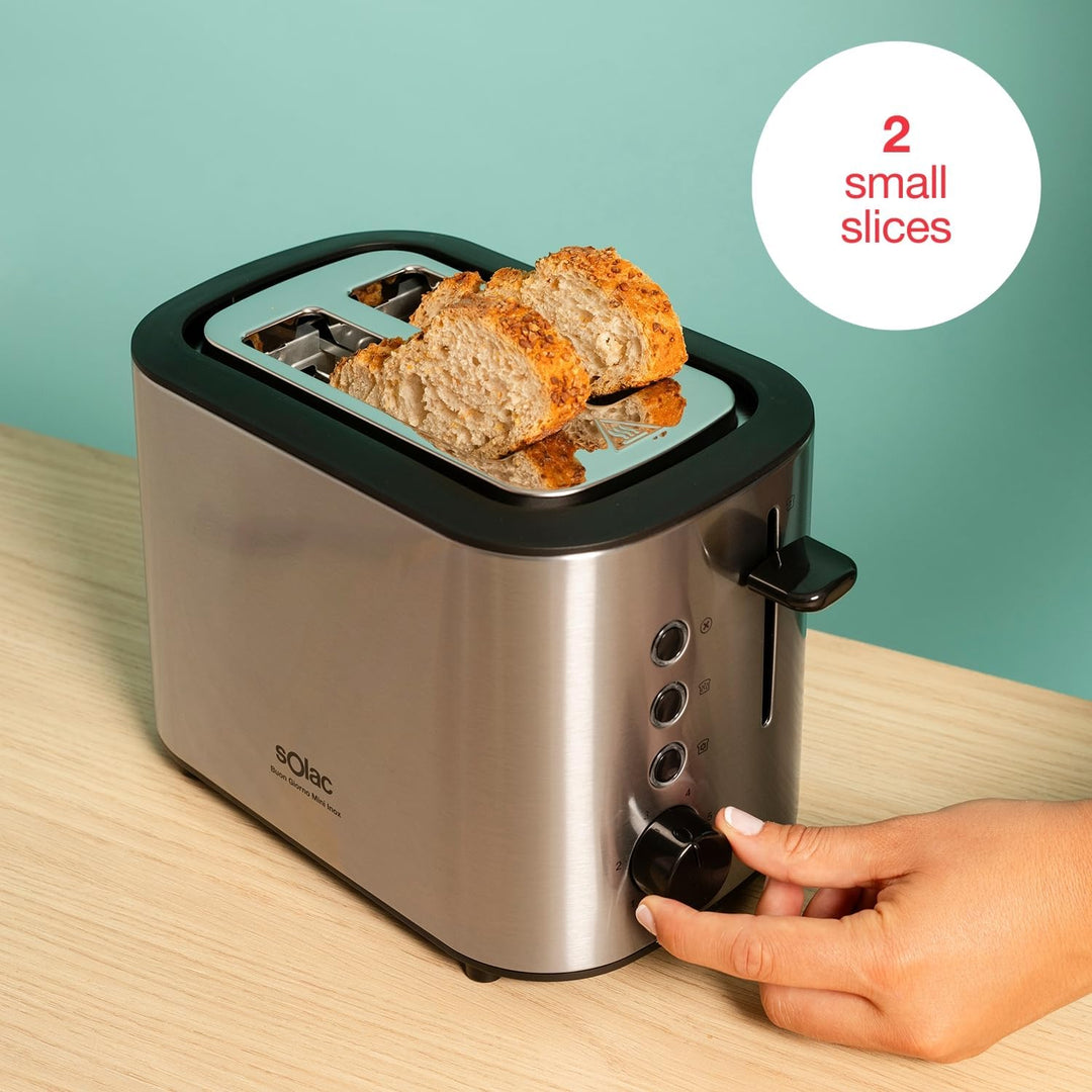 Solac – Toaster Buon Giorno Mini Inox, 870W, 13x11,5x3,4cm Toastfläche, 6 Bräunungsstufen, 3 Funktio