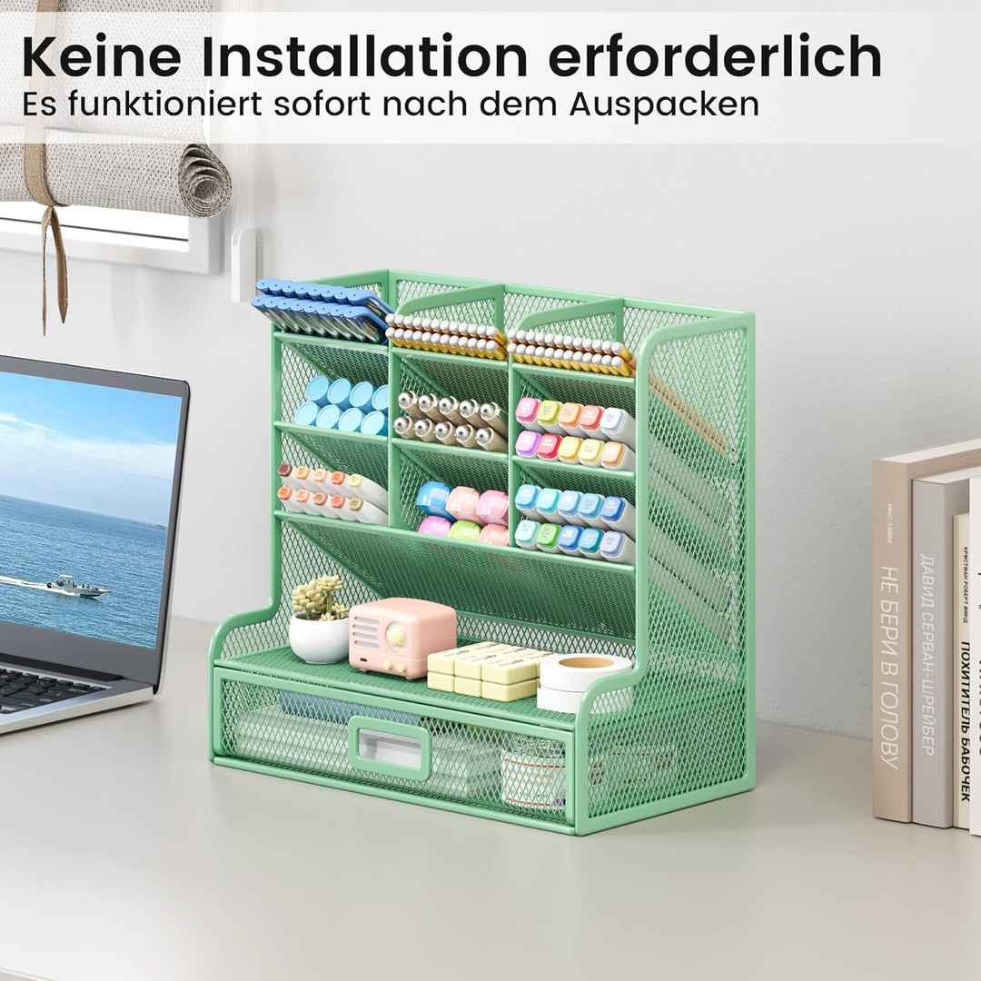 VITVITI Schreibtisch Organizer, 9 Fächer Stiftehalter mit Schublade, Netz Stifte Regal aus Metall, S