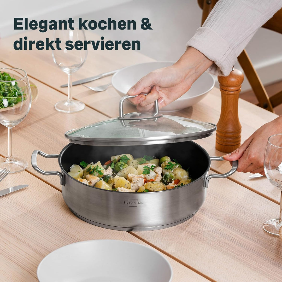 SILBERTHAL Servierpfanne 28 cm hoher Rand - Induktion - Edelstahl - Beschichtete Schmorpfanne mit De