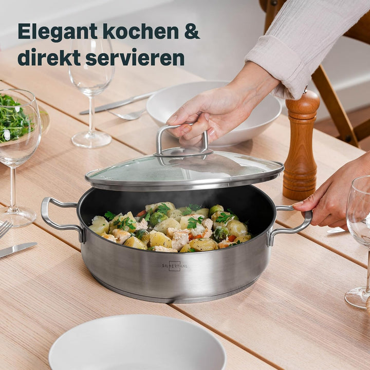 SILBERTHAL Servierpfanne 28 cm hoher Rand - Induktion - Edelstahl - Beschichtete Schmorpfanne mit De